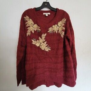 Ella Moon Red Gold Floral Open Knit Long Sleeve Oversized Pullover Sweater Small